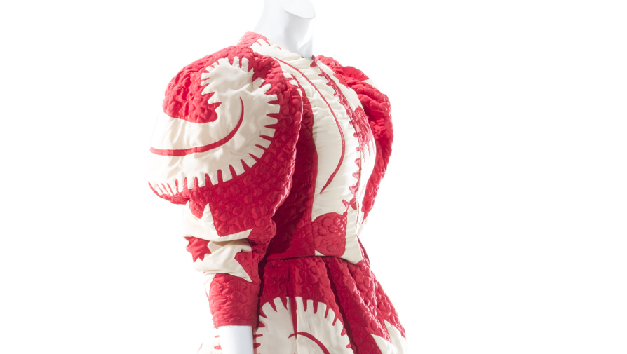 red and white quilted dress